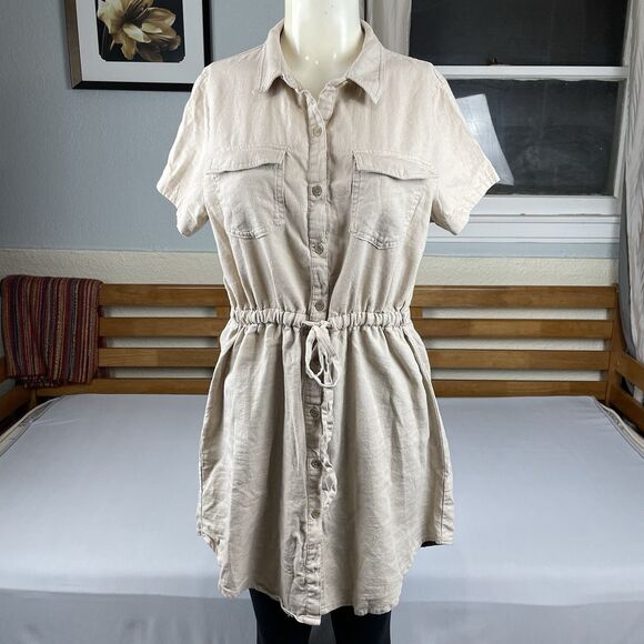 Love Tree Linen Blend Button Front Collared Mini Dress Women’s LG Khaki Safari - Picture 1 of 15